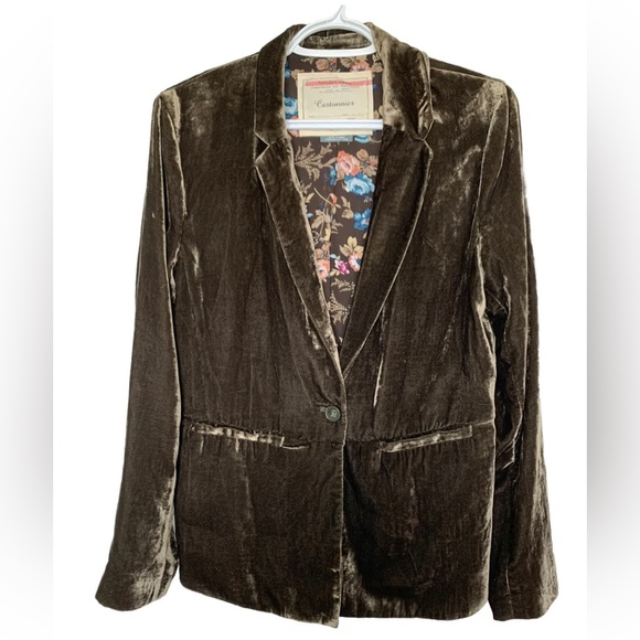 Anthropologie Iridescent Velvet Blazer By Cartonnier - Size 4- Moss Green - Picture 2 of 7